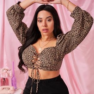 Plus lace up front leopard crop top
